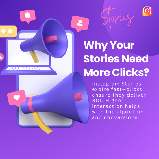 Why Your Stories Need More Clicks Loudspeakers, Instagram icons, and a laptop, emphasizing the importance of getting more clicks on Instagram Stories.